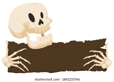 Halloween template with happy skeleton holding a wooden sign with its bony hands, over white background.