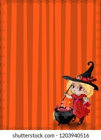 Halloween template with little baby witch girl, bat and cauldron framed with spiderweb on striped orange background. Flyer, invitation, greeting card with copy space for text. Vector illustration.