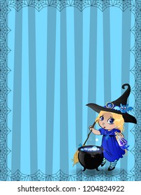 Halloween template with little baby witch girl, bat and cauldron framed with spider cobweb on striped blue background. Flyer, invitation, greeting card with copy space for text. Vector illustration.