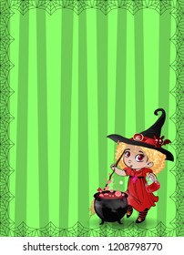 Halloween template with little baby witch girl, bat and cauldron framed with spider cobweb on striped green background. Flyer, invitation, greeting card with copy space for text. Vector illustration.