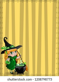 Halloween template with little baby witch girl, bat and cauldron framed with spider cobweb on striped yellow background. Flyer, invitation, greeting card with copy space for text. Vector illustration.