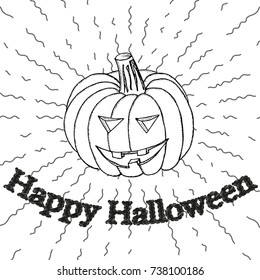 Halloween template (mock up) with hand drawn pumpkin on the background of divergent rays. Halloween holidays hand drawn invitation or greeting card.