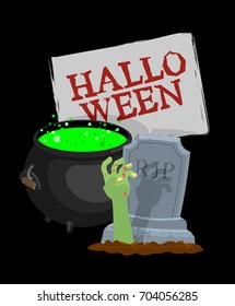 Halloween template. Pot with magical potion and hand of zombie. grave and arm green corpse. Illustration for terrible holiday
