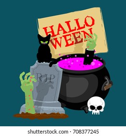 Halloween template. Pot with magical potion and hand of zombie. grave and arm green corpse. Illustration for terrible holiday
