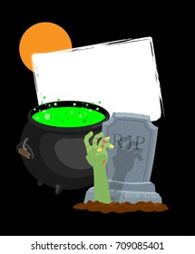 Halloween template. Pot with magical potion and hand of zombie. grave and arm green corpse. Illustration for terrible holiday. Vector illustration
