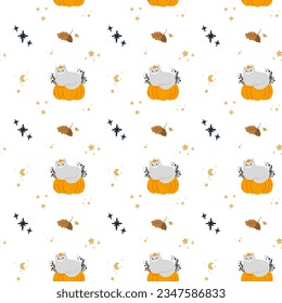 Halloween template with pumpkins and cats. Happy Halloween. Childishly scary and smiling creepy characters. For design, card, poster, nursery, logo, print. Isolated vector flat illustration