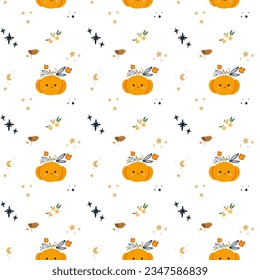 Halloween template with pumpkins. Happy Halloween. Childishly scary and smiling creepy characters. Great for your design, card, poster, nursery, logo, print. Isolated vector flat illustration