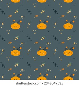 Halloween template with pumpkins. Happy Halloween. Childishly scary and smiling creepy characters. Great for your design, card, poster, nursery, logo, print. Isolated vector flat illustration