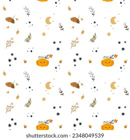 Halloween template with pumpkins. Happy Halloween. Childishly scary and smiling creepy characters. Great for your design, card, poster, nursery, logo, print. Isolated vector flat illustration
