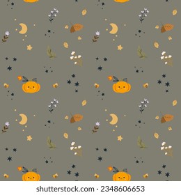 Halloween template with pumpkins. Happy Halloween. Childishly scary and smiling creepy characters. Great for your design, card, poster, nursery, logo, print. Isolated vector flat illustration