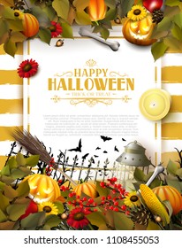 Halloween template with pumpkins and other traditional Halloween decorations on striped background.