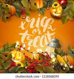 Halloween template with pumpkins and other traditional Halloween decorations on orange background. Trick Or Treat lettering.