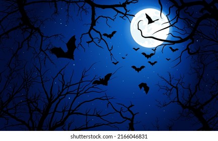 Halloween template. Scary forest with flying bats and moonlight. tree silhouette with creepy branch. 
Halloween background. 