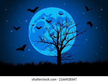 Halloween template with scary tree, flying bats and blue full moon. Vector illustration