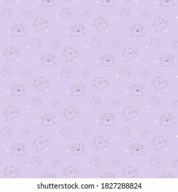 Halloween template. Seamless pattern with cute little cartoon ghosts. Ghosts with different emotions on a lilac background. Vector. Outline drawing. Template for paper, textile, decor and web design