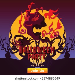 Halloween template for social media with fire ghost illustration