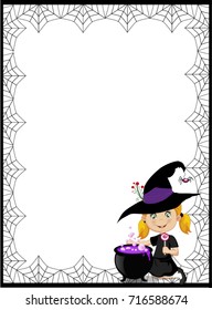 Halloween template with space for text with illustration of little witch girl and cauldron. Halloween invitation or greeting card. Vector illustration.
