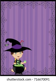 Halloween template with space for text and illustration of little witch boy and cauldron on violet striped background.  Halloween invitation or greeting card.  Vector illustration.