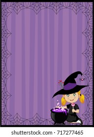 Halloween template with space for text and illustration of little witch and cauldron.  Halloween invitation or greeting card.  Vector illustration.
