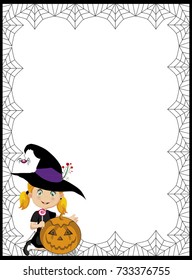 Halloween template with space for text and illustration of little witch girl with pumpkin framed with spider web. Vector illustration, border, framework.
