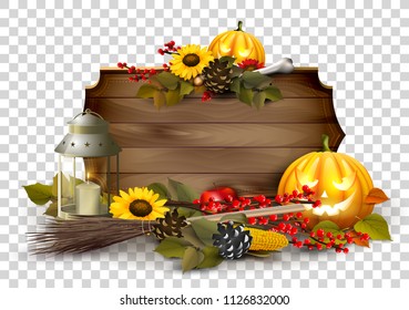 Halloween template with traditional decorations and wooden sign. Place for your text