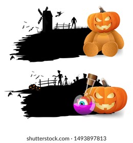 Halloween template, two black templates for your text with Teddy bear with Jack pumpkin head, spell book and pumpkin Jack. Black banner isolated on white background