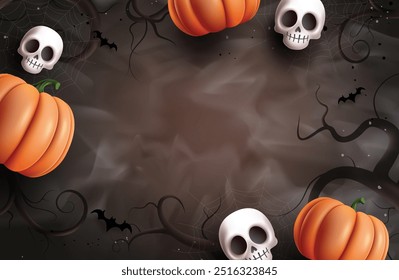 Halloween template vector background design. Halloween blank space background with elements border pattern like pumpkins, scary skull, spider web, and trunk  for creepy night postcard. Vector 