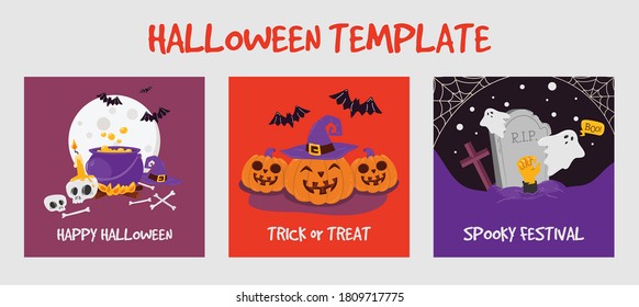 Halloween Template. Vector cartoon orange and purple banners with pumpkin, ghost or purple hat and cross tombstone graveyard with Halloween sale lettering