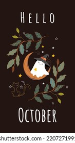 The Halloween template or wallpaper, the cute ghost sheet who wears a black witch hat, black cat and autumn colorful leaves.
