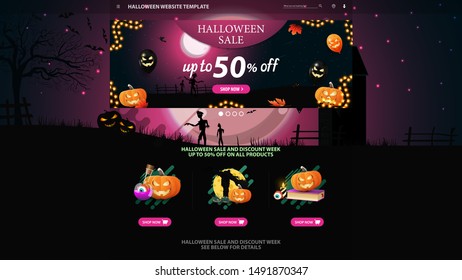 Halloween template for the web site with discount banner. Template with Halloween background. Full pink moon, zombie, witches and an old abandoned mill.