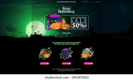 Halloween template for the web site with discount banner. Template with Halloween background. Full green moon, dark forest, cemetery, zombie, witches, werewolves, ghosts and an old abandoned mill.