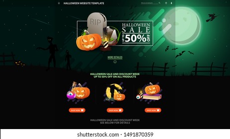 Halloween template for the web site with discount banner. Template with Halloween background. Full green moon, zombie, witches and bats