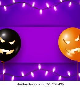 Halloween template for your arts with copy space. Square layout with two Halloween orange and black air balloons, garland lights on violet background