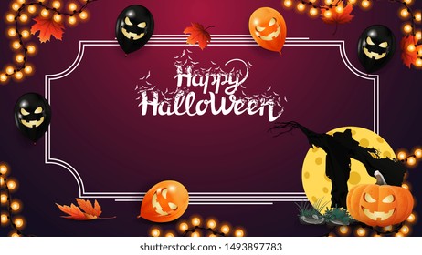 Halloween template for your arts. Pink template with frame for text, autumn leafs, Halloween ballons, garland, Scarecrow and pumpkin Jack against the moon