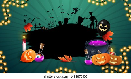 Halloween template for your creativity with halloween balloons, autumn leafs, witch's cauldron and pumpkin Jack. Black Halloween template.
