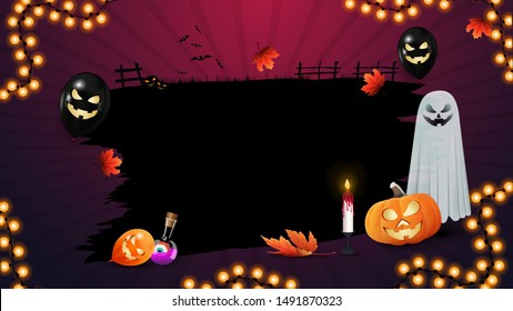 Halloween template for your creativity with fun pumpkin Jack, ghost, halloween balloons and autumn leafs. Black Halloween template.