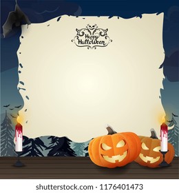 Halloween template for your text in the form of old parchment with bat, candles and pumpkins 