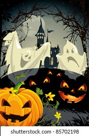 Halloween terrible ilustración de una casa embrujada contra un fondo del cielo iluminado por la luna. Resumen Tarjeta de otoño vectorial con calabaza y castillo.