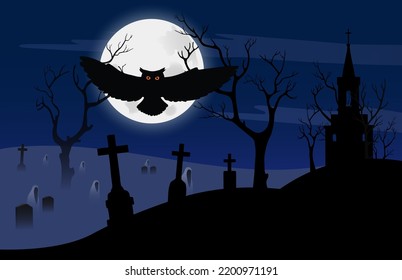 Halloween. Terrible moonlit night at the cemetery. Ghosts at night in an abandoned cemetery walk among the graves. Flying owl on the background of the full moon. Old church, crosses, fog, trees.