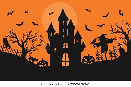 Halloween terrible scenery colorful poster with pumpkins and fairytale mansion near cemetery at full moon for magazine design vector illustration