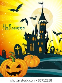 Halloween terrible Vector background. Abstract Classical autumn card with pumpkin and castle.