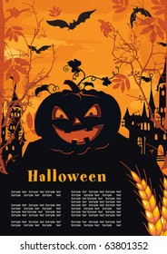 Halloween schrecklicher Vektorhintergrund mit Platz für Ihren Text. Abstrakte Klassische Herbstkarte mit Kürbis und Schloss.