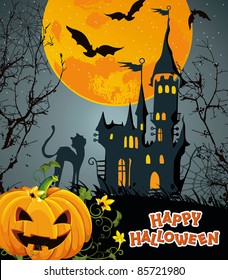 Halloween terrible Vector background with pumpkin and castle. Abstract Classical autumn card.