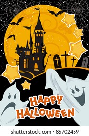 Halloween terrible Vector illustration with a ghost in front of a haunted house. Abstract Classical autumn card with castle.