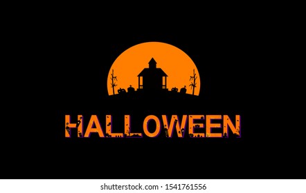 Halloween text banner with scary house and full moon background.vector illustration.