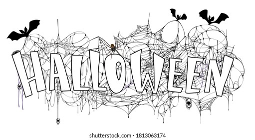 Halloween text banner spiderweb, bat and spider isolated on white. Vector illustration