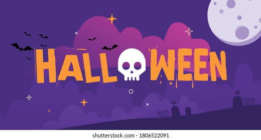Vector de pancartas de texto de Halloween. Ilustración vectorial. Luna llena en el cielo, murciélagos voladores y nubes nocturnas.