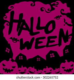 halloween text, bat and pumpkin head purple color in night village