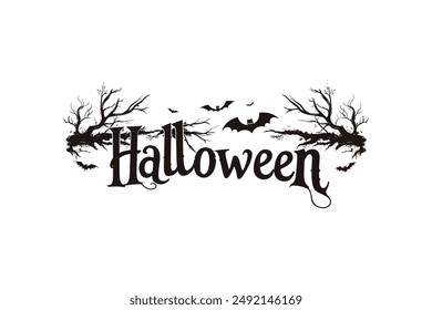 Halloween Text with Bats and Bare Trees. Vector illustration design.