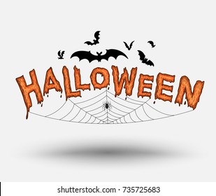 Halloween text with bats and spider web. Vector illustration for Halloween card and poster advertising promotion.